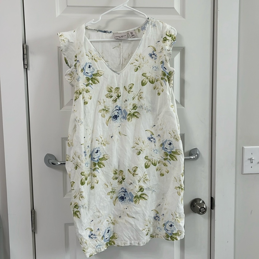 Laura Ashley shift dress.  100% linen flutter sleeves   Floral print